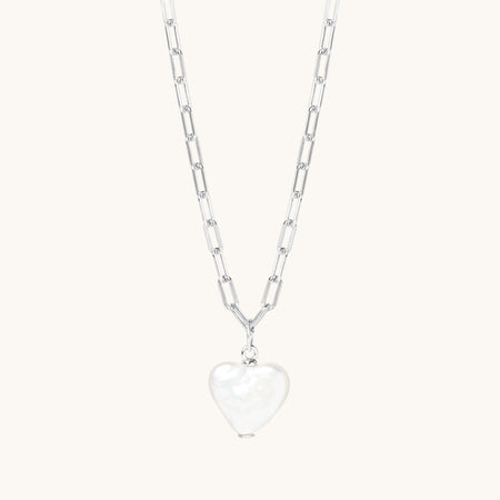 Pearl Heart Paperclip Necklace Silver